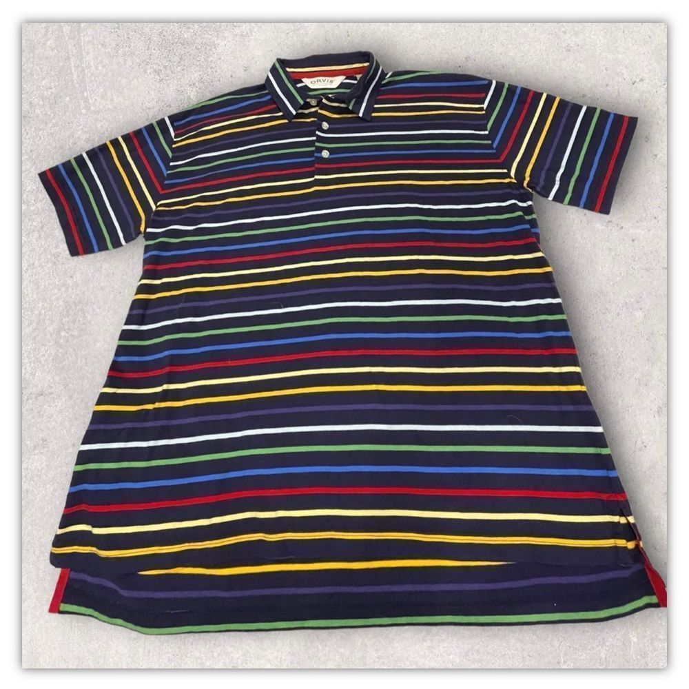 Orvis Shirt Sleeve Polo Shirt Mens Striped Cotton Knit Casual - Size L